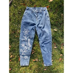 Upcycled Jeans Floral Baggy Dark Wash Hand-Painted Design Women